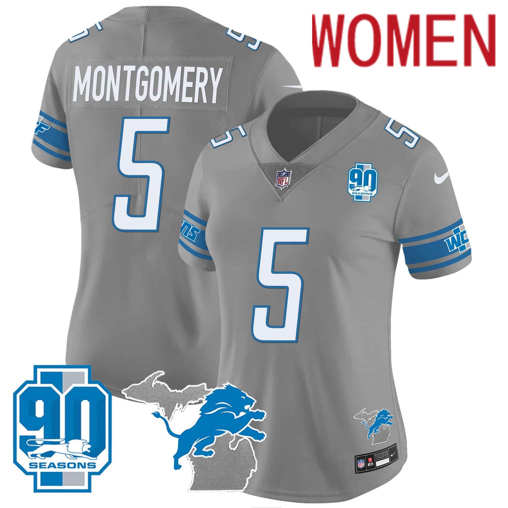 Women Detroit Lions #5 Montgomery Grey 2024 Nike 90th Year Michigan Patch Vapor NFL Jersey->women nfl jersey->Women Jersey
